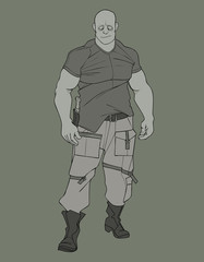 Fototapeta na wymiar sketch of a cartoon funny brutal muscular man in military clothes