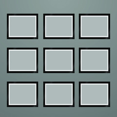 Realistic Black and White photo frame with blank empty space, place. vector illustration, isolated on background. Grey wall gallery. For presentation, text, pictures, interior, decor, design object