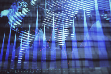 Financial chart hologram with globe and abstract background. Double exposure. Concept of market analysis