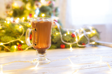 Hot chocolate with marshmallows on a background, close-up