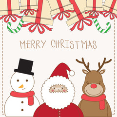 Merry christmas greeting card with characters of santa claus, reindeer, snowman and gift boxs.