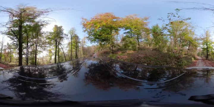 Virtual reality 360 degree view of car driving on forest road