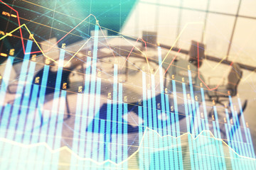 Double exposure of forex chart on conference room background. Concept of stock market analysis