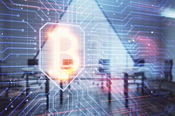 Blockchain theme hologram on conference room background. Double exposure. Concept of cryptocurrency