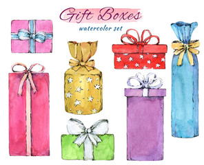 Watercolor set of colorful gift boxes. Hand drawn illustration.