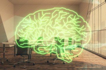 Double exposure of brain drawing hologram on conference room background. Concept of data analysis