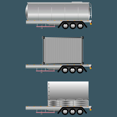 Set of realistic trailers. Refrigerator refrigerator semi-trailer. Isotherm. Container ship. Timber trucks Fuel tank. Tank and trailer breather