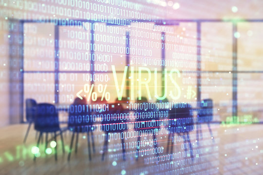 Double exposure of hacking theme hologram on conference room background. Concept of cyberpiracy