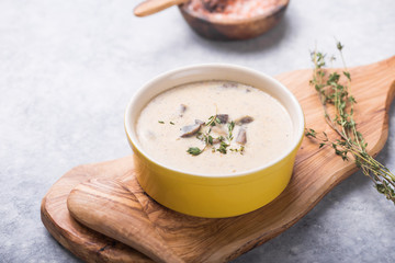 Fototapeta na wymiar A bowl of delicious homemade cream of mushroom soup.