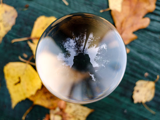 crystal glass ball against nature background with reflections