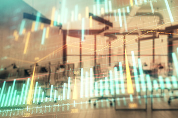 Stock and bond market graph with trading desk bank office interior on background. Multi exposure. Concept of financial analysis