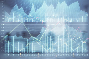 Stock market chart with trading desk bank office interior on background. Double exposure. Concept of financial analysis