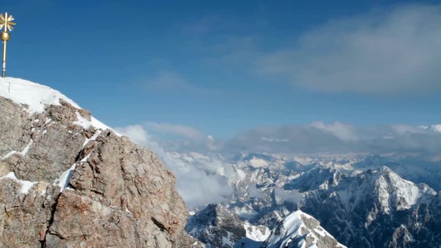 Alpine panorama as seen from the Zugspitz summit station, including the Zugspitze, Grossglockner, Grossvenediger, Habicht and others