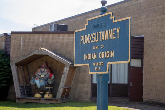 Punxsutawney Town Sign With Phil Dressed As Fireman