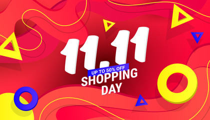 11.11 Shopping day sale design banner with plastic liquid gradient wave and text for covers, greeting card, poster or flyers.