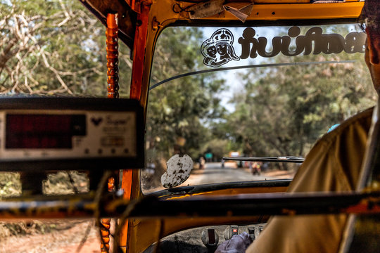 inside an Indian yellow cab - Tuk-tuk