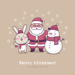 Merry Christmas and Happy New Year! Cute Christmas characters, Santa Claus, bunny and snowman. Vector illustration