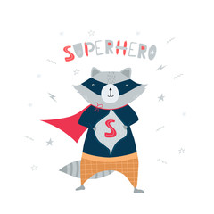 Cute, funny raccoon in superhero costume, mask, stars, lightning and handwritten lettering superhero in flat style. Illustration for children, postcards, banner. Vector