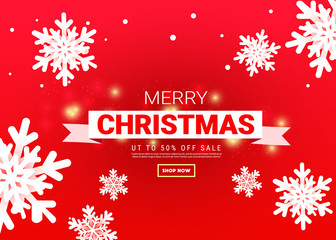 Merry Christmas and Happy New Year Landscape template with Christmas snowflakes and text on a red background for special offers, sales and discounts.
