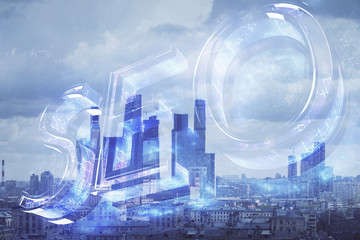 Double exposure of seo drawing on cityscape background. Concept of data search optimization engine