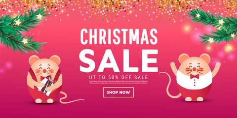 Happy New Year sale banner with cute mice, gold glitter confetti and gifts on a red background. Greeting card, poster or web banner.