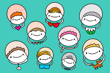 Big family hand drawn set of sticker hand drawn vector illustration in cartoon comic style