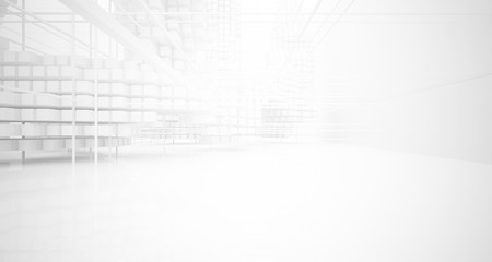 Abstract white architectural interior from an array of white cubes with large windows. 3D illustration and rendering.
