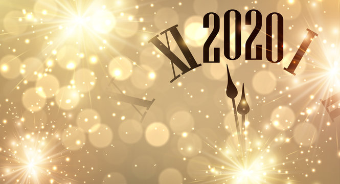 Gold bokeh New Year 2020 background with clock and lights.