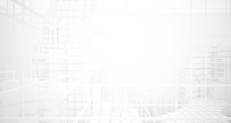 Abstract white architectural interior from an array of white cubes with large windows. 3D illustration and rendering.
