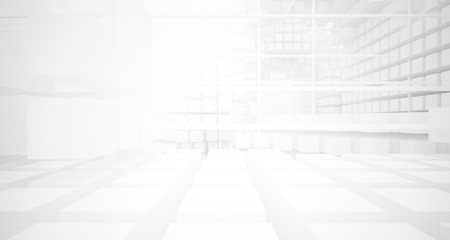 Abstract white architectural interior from an array of white cubes with large windows. 3D illustration and rendering.