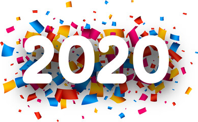 New Year 2020 greeting card with colorful paper confetti.