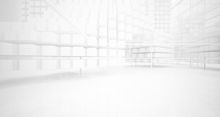 Abstract white architectural interior from an array of white cubes with large windows. 3D illustration and rendering.