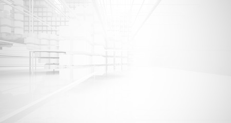 Abstract white architectural interior from an array of white cubes with large windows. 3D illustration and rendering.