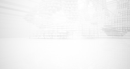 Abstract white architectural interior from an array of white cubes with large windows. 3D illustration and rendering.
