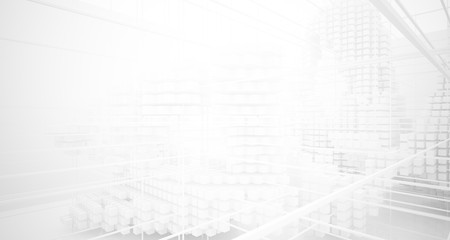 Abstract white architectural interior from an array of white cubes with large windows. 3D illustration and rendering.