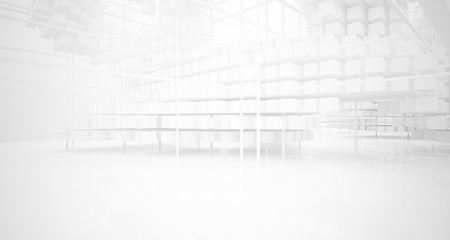 Abstract white architectural interior from an array of white cubes with large windows. 3D illustration and rendering.