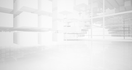Abstract white architectural interior from an array of white cubes with large windows. 3D illustration and rendering.