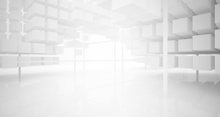 Abstract white architectural interior from an array of white cubes with large windows. 3D illustration and rendering.