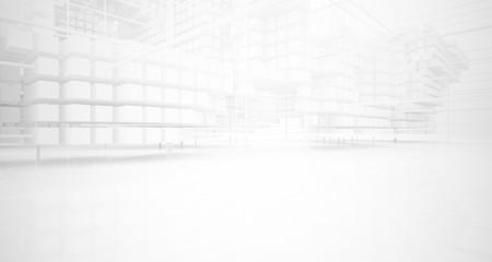 Abstract white architectural interior from an array of white cubes with large windows. 3D illustration and rendering.