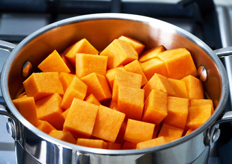 chopped pumpkin lies in a pan