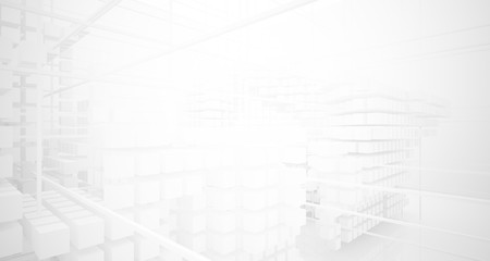 Abstract white architectural interior from an array of white cubes with large windows. 3D illustration and rendering.