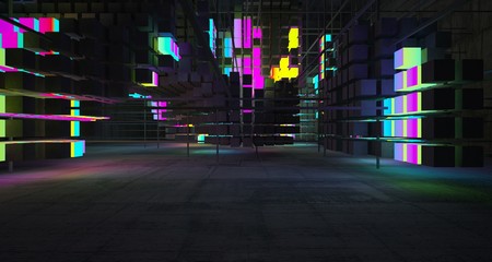 Abstract architectural concrete interior from an array of white cubes with color gradient neon lighting. 3D illustration and rendering.