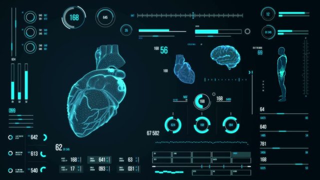 Human heart scan. Futuristic medical user interface with HUD and infographic elements. Virtual technology background. Head-up display template for business, games, motion design, web and app.