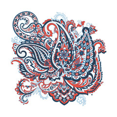 Floral isolated pattern with paisley ornament. Vector illustration in asian textile style