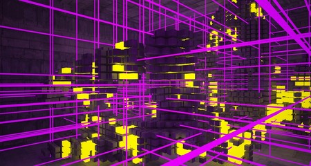 Abstract architectural concrete interior from an array of white cubes with color gradient neon lighting. 3D illustration and rendering.