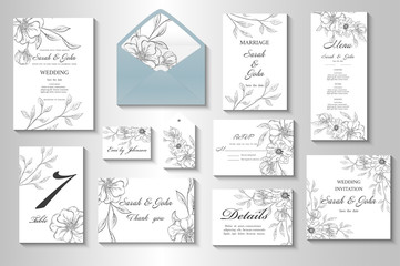 Wedding invitation with flowers and leaves. Vector illustration.