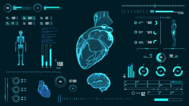 Human heart scan. Futuristic medical user interface with HUD and infographic elements. Virtual technology background. Head-up display template for business, games, motion design, web and app.