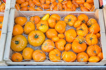 Frische Tomaten in einer Kiste auf einem Markt