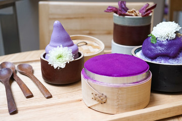 Ice cream. A set of Japanese sweet potato dessert with soft focus on a soft serve ice cream in  made from purple potatoes.