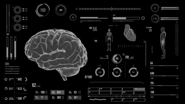 Human brain scan. Futuristic medical user interface with HUD and infographic elements. Virtual technology background. Head-up display template for business, games, motion design, web and app.